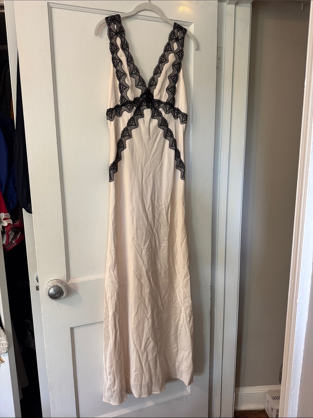 Cream Maxi Dress with Black Lace Trim
